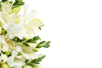 Beautiful aromatic freesia bouquet isolated on white