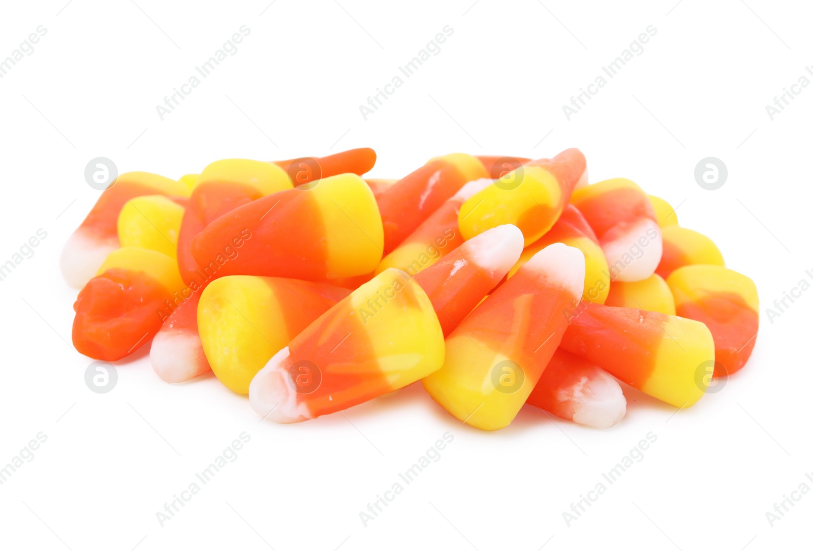 Photo of Delicious colorful candies on white background. Halloween sweets