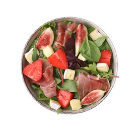 Photo of Tasty salad with brie cheese, prosciutto, strawberries and figs isolated on white, top view