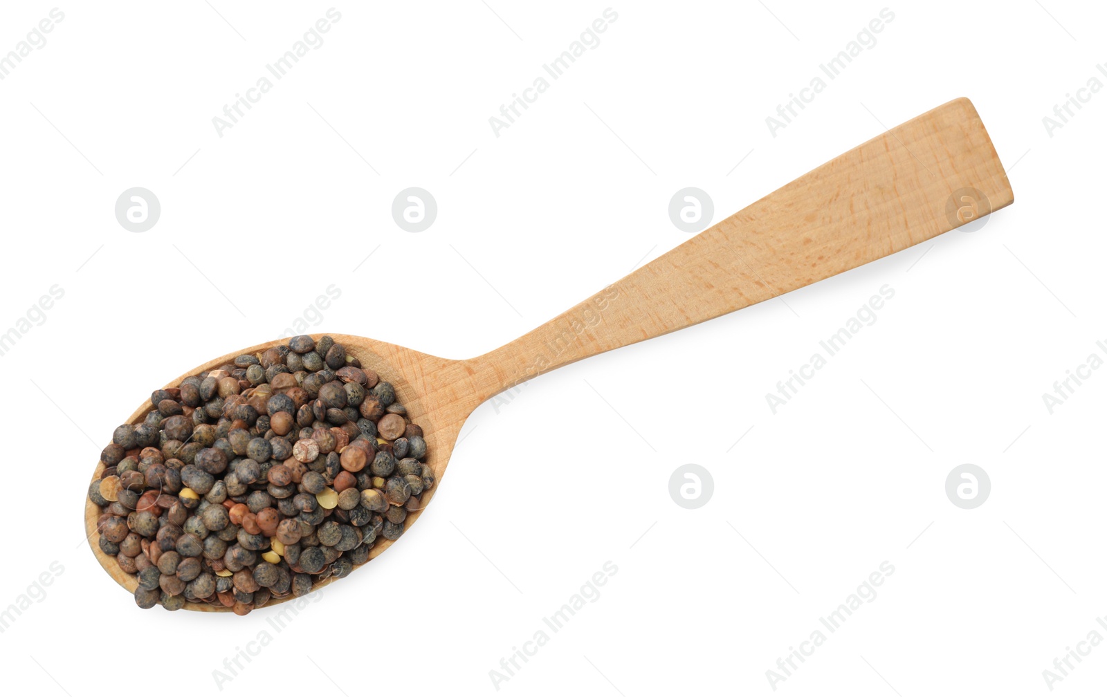 Photo of Wooden spoon with raw lentils isolated on white, top view