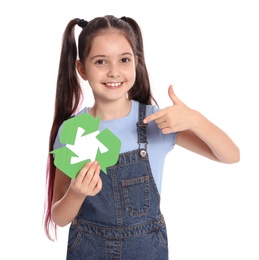 Photo of Girl with recycling symbol on white background