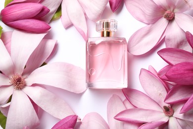 Photo of Beautiful pink magnolia flowers and bottle of perfume on white background, flat lay