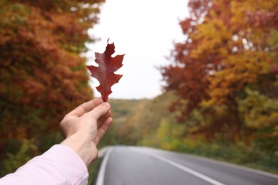 Woman holding beautiful leaf outdoors on autumn day, closeup. Space for text