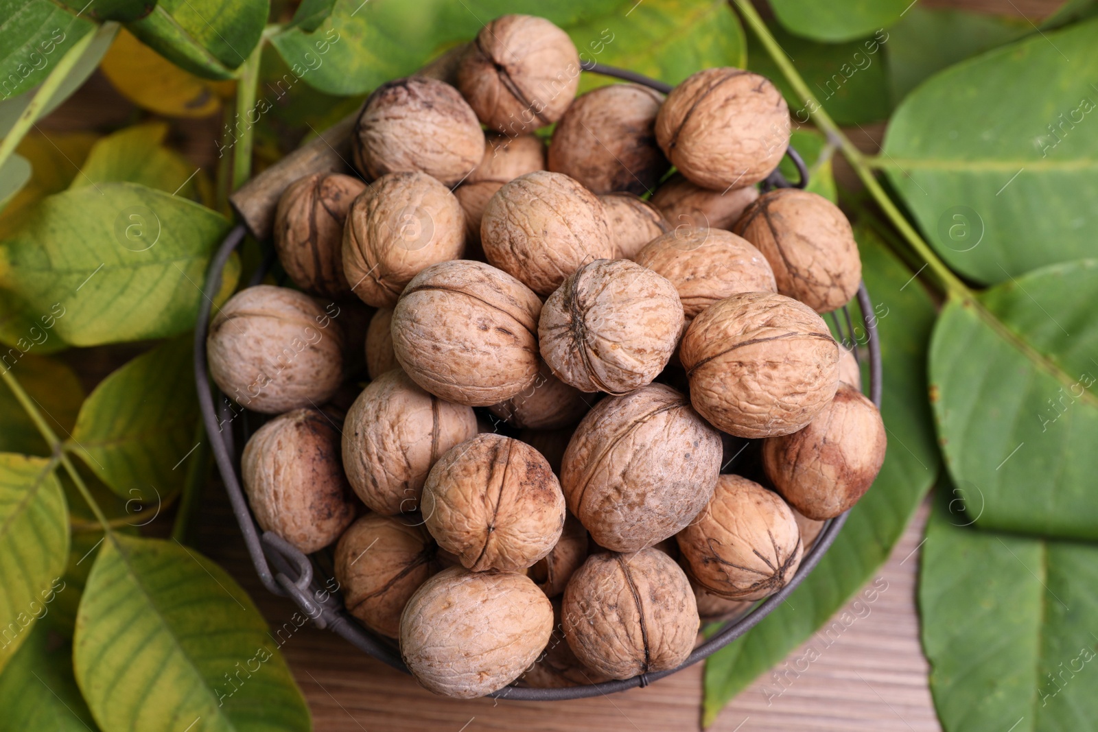 Photo of Walnuts in metal basket and fresh green leaves on wooden table, top view