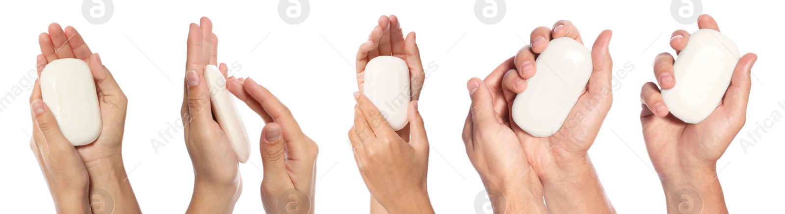 Image of Closeup view of people holding soap bars on white background, collage. Banner design