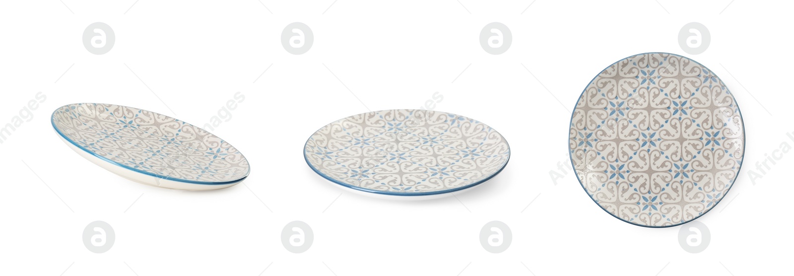 Image of Empty ceramic plate isolated on white, set with different views