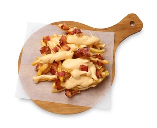 Photo of Delicious French fries with bacon and cheese sauce isolated on white, top view