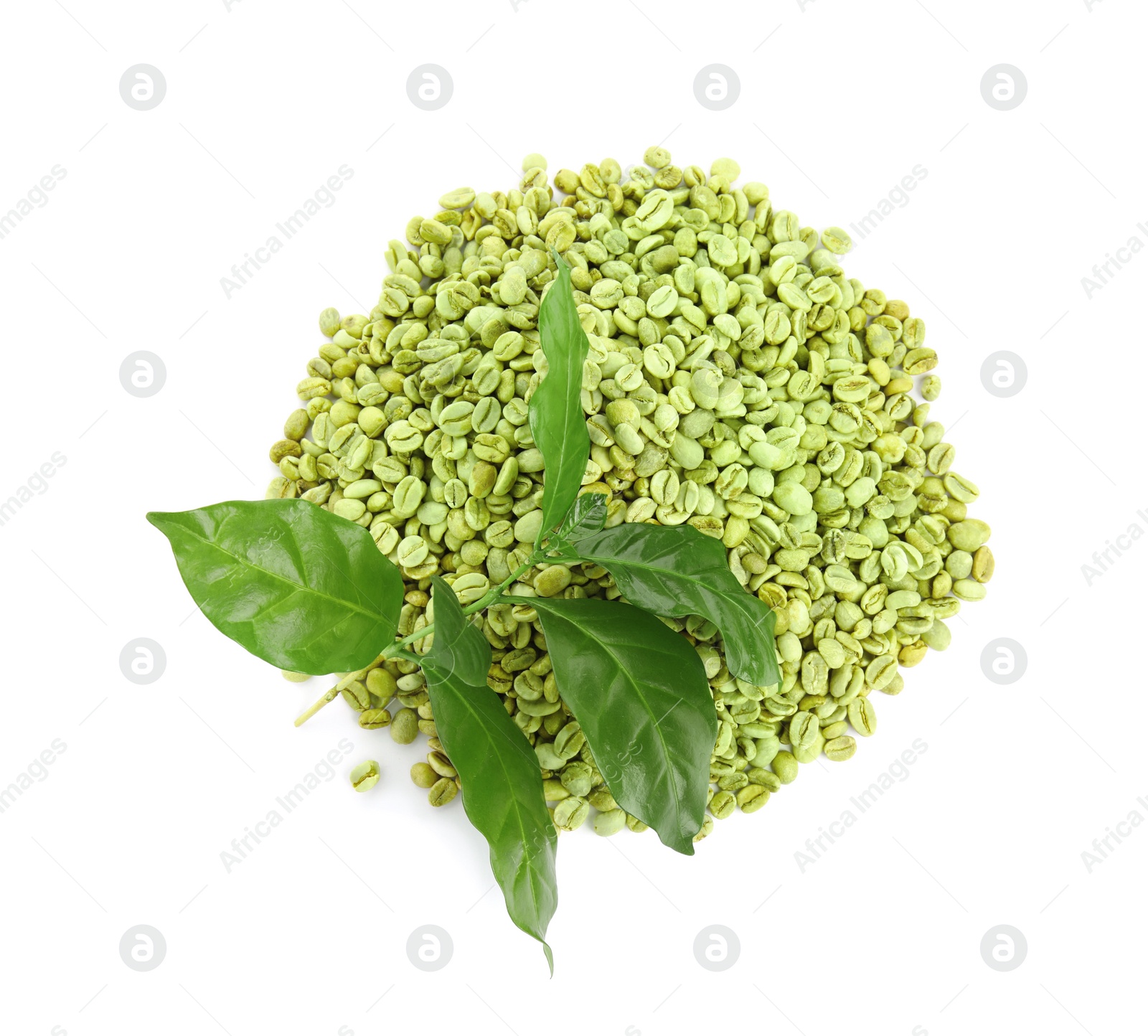 Photo of Green coffee beans and fresh leaves on white background, top view