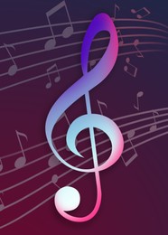 Illustration of Golden treble clef and staff with music notes flying on gradient purple background. Beautiful illustration design