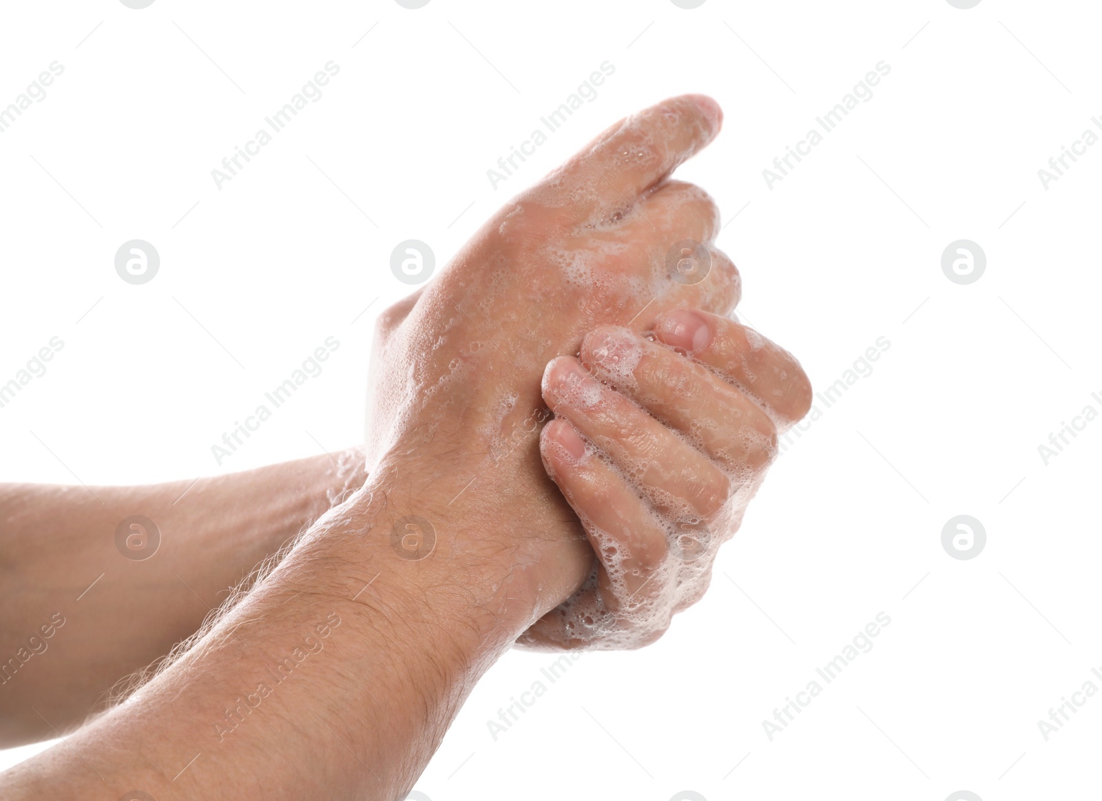 Photo of Man washing hands with soap on white background, closeup