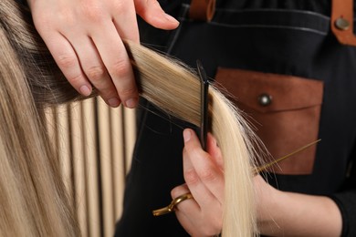 Photo of Hairdresser combing client's hair in salon, closeup
