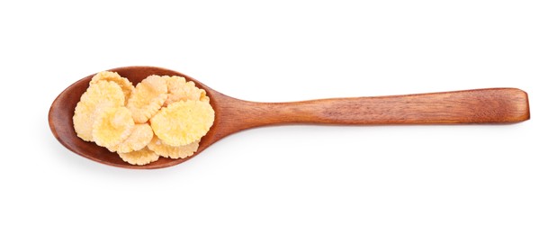 Photo of Wooden spoon with tasty corn flakes on white background, top view