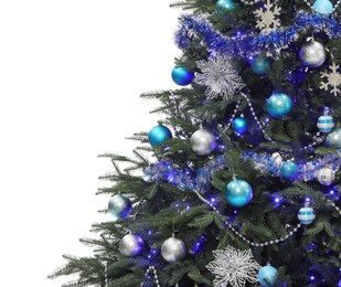 Beautiful Christmas tree decorated with ornaments and festive lights isolated on white