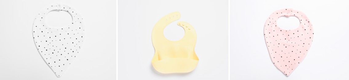 Image of Different baby bibs on light background, top view. Collage