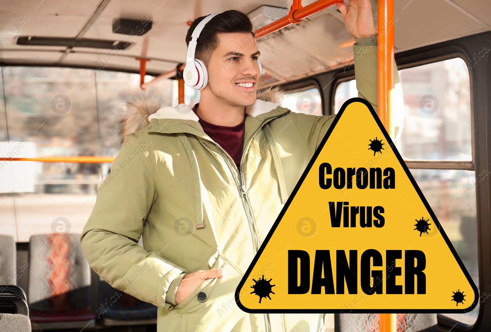 Image of Man keeping distance in trolleybus. Coronavirus outbreak 