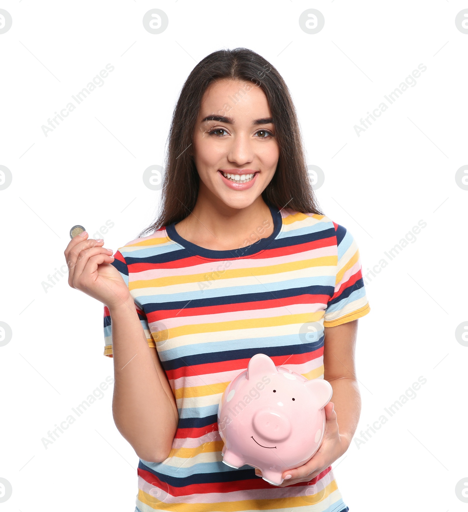 Photo of Portrait of young woman with piggy bank and coin on white background