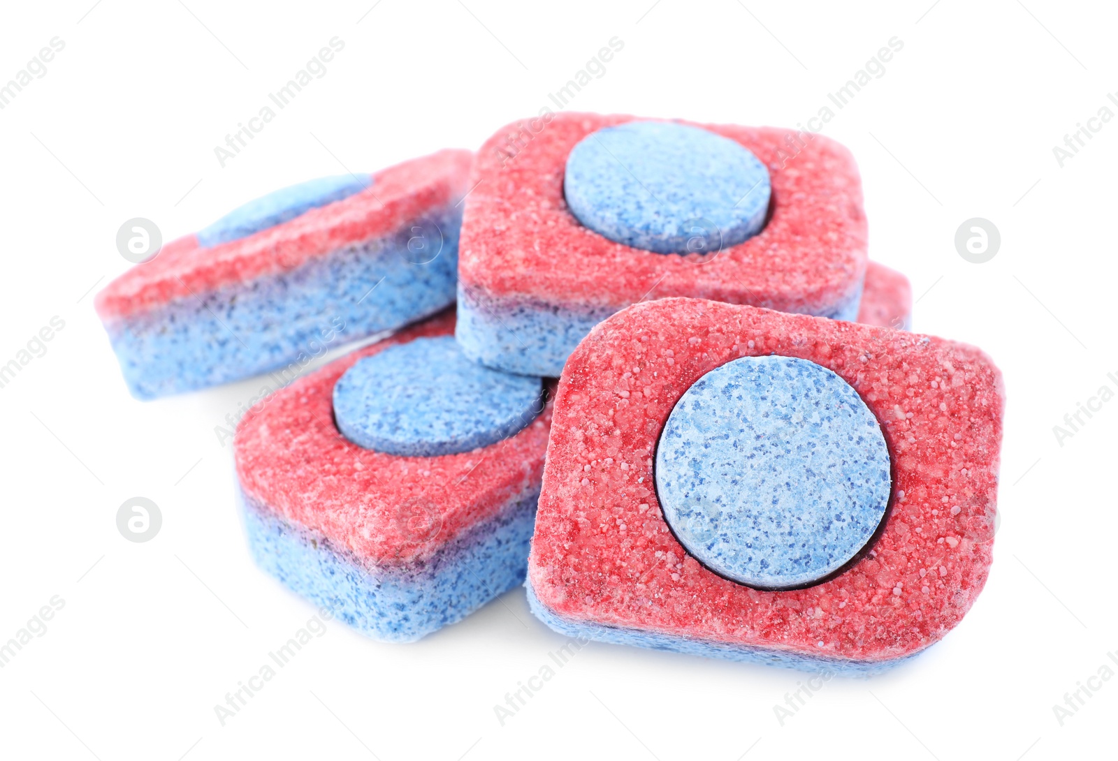 Photo of Many dishwasher detergent tablets on white background