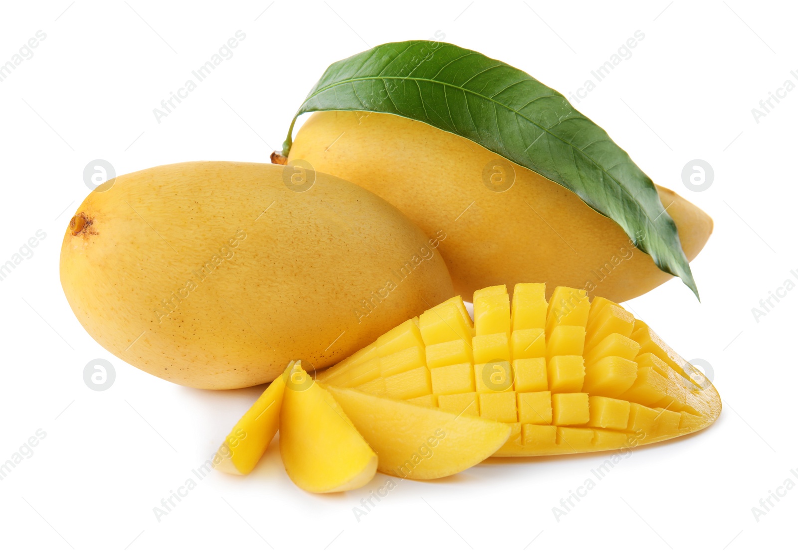 Photo of Fresh juicy mango and leaf isolated on white