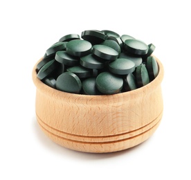 Photo of Wooden bowl with spirulina tablets on white background. Healthy lifestyle