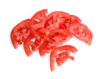 Photo of Slices of red ripe tomato isolated on white, top view