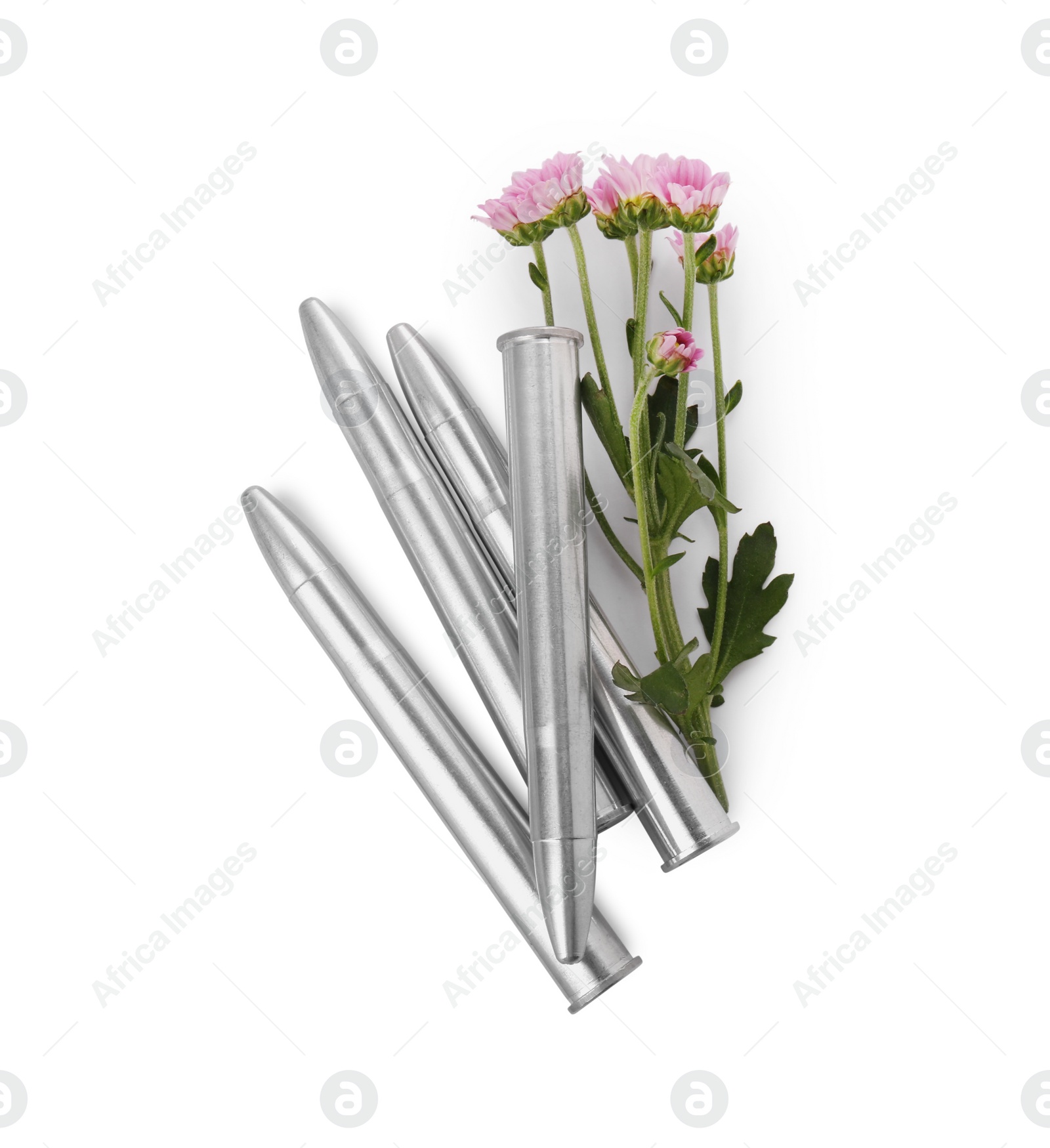 Photo of Bullets and beautiful flowers isolated on white, top view