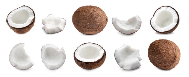 Image of Set with ripe coconuts on white background. Banner design