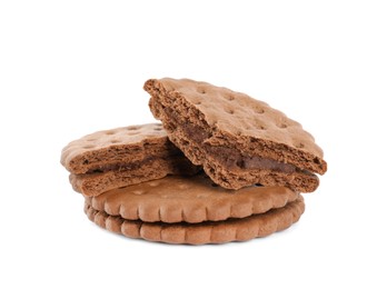 Photo of Broken tasty chocolate sandwich cookies with cream on white background