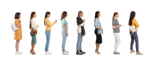 Women waiting in queue on white background
