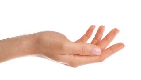 Photo of Woman showing hand on white background, closeup