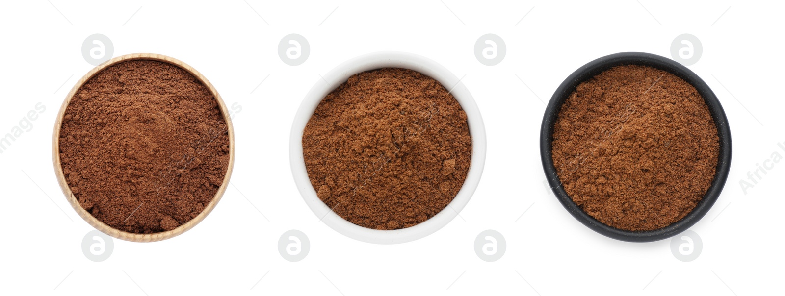 Image of Set with nutmeg powder on white background, top view. Banner design