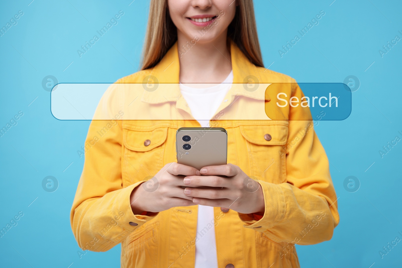 Image of Search bar of website over smartphone. Woman using device on light blue background, closeup