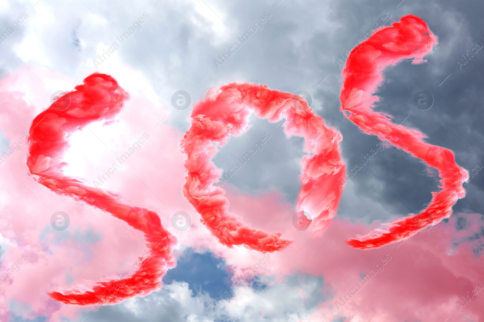 Image of Word SOS made of red smoke in cloudy sky