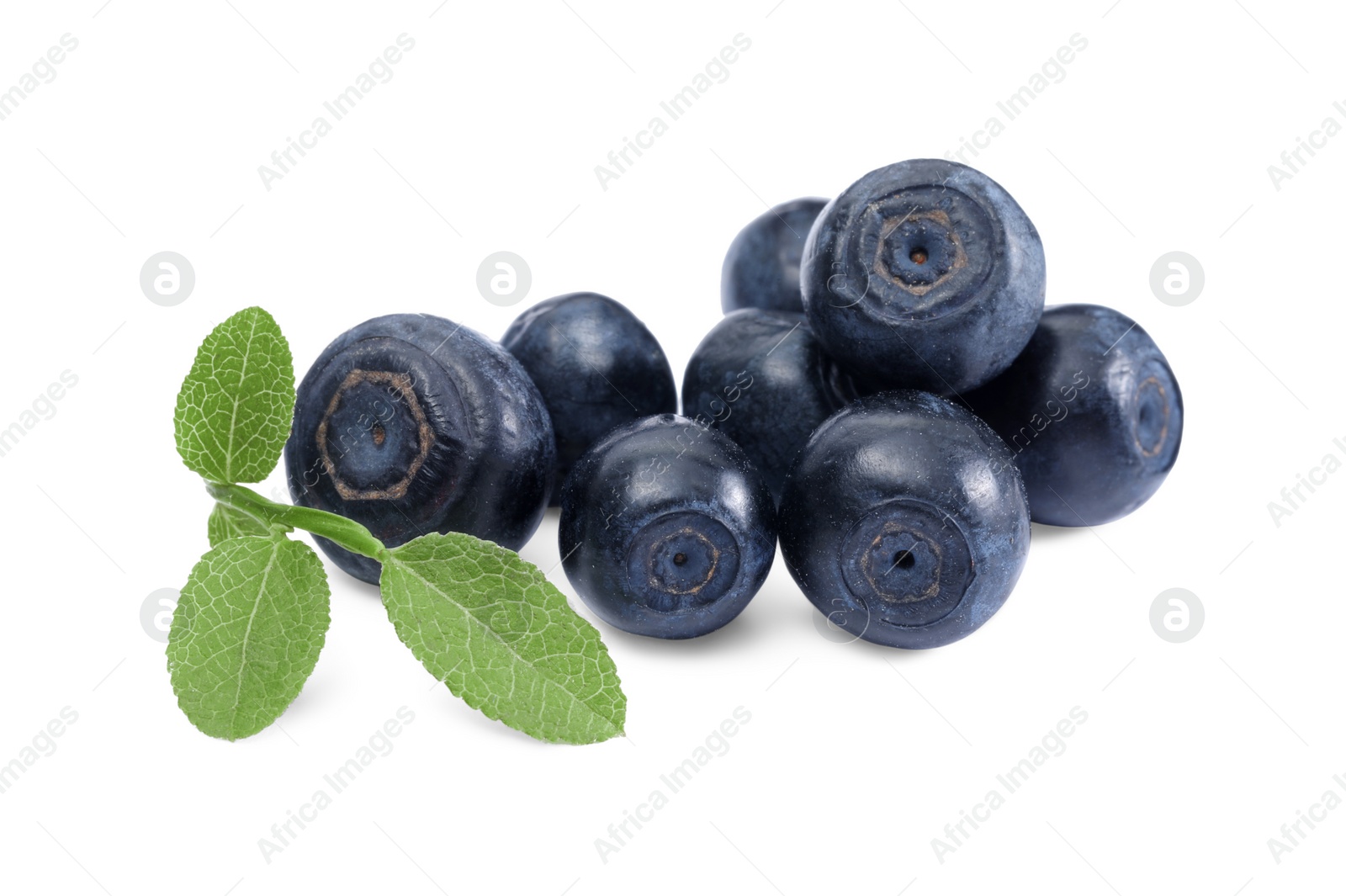 Photo of Tasty ripe bilberries and green leaves isolated on white