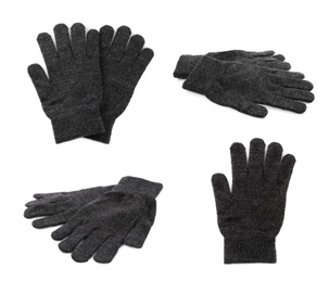 Image of Set of dark grey woolen gloves on white background