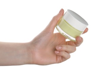 Photo of Woman with jar of cream isolated on white, closeup