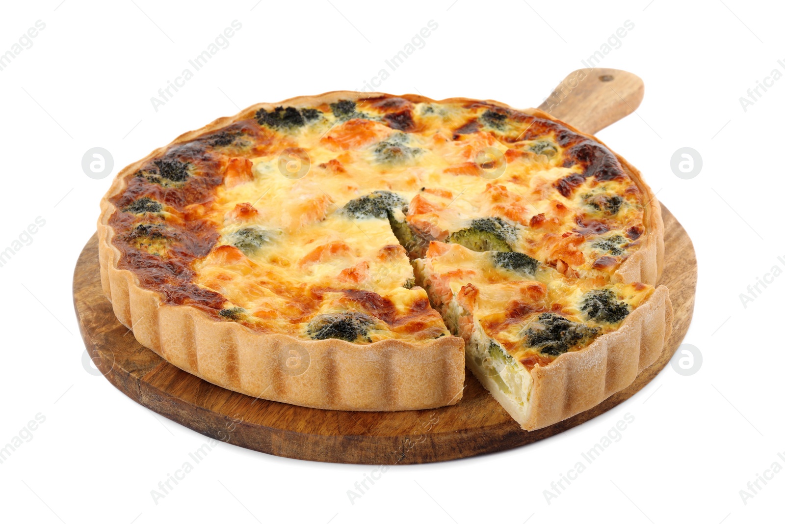 Photo of Delicious homemade quiche with salmon and broccoli isolated on white