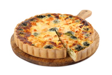 Delicious homemade quiche with salmon and broccoli isolated on white