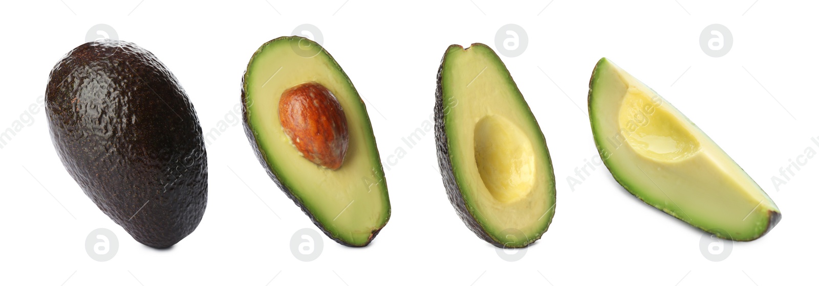 Image of Set of ripe avocados on white background. Banner design