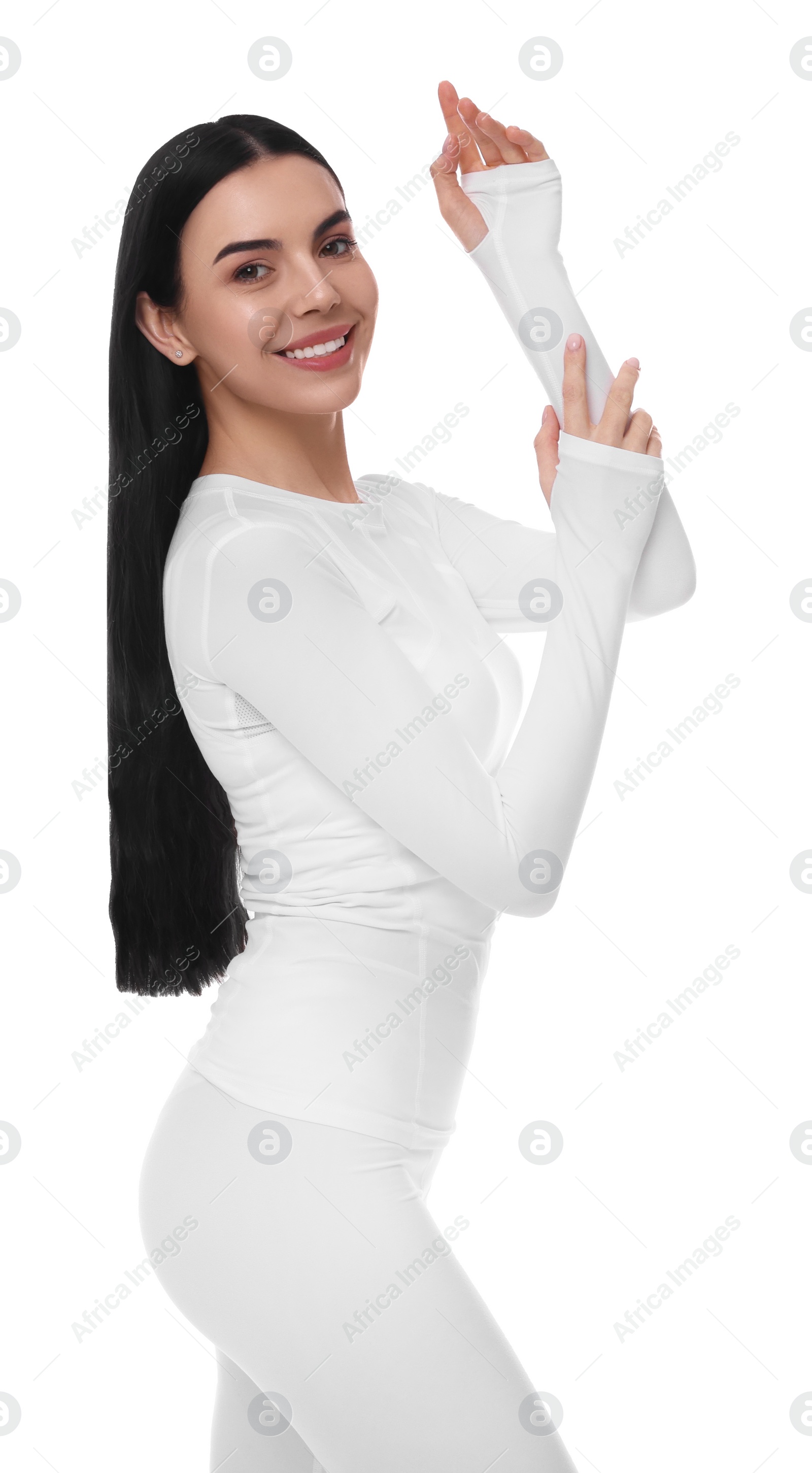 Photo of Woman in warm thermal underwear on white background