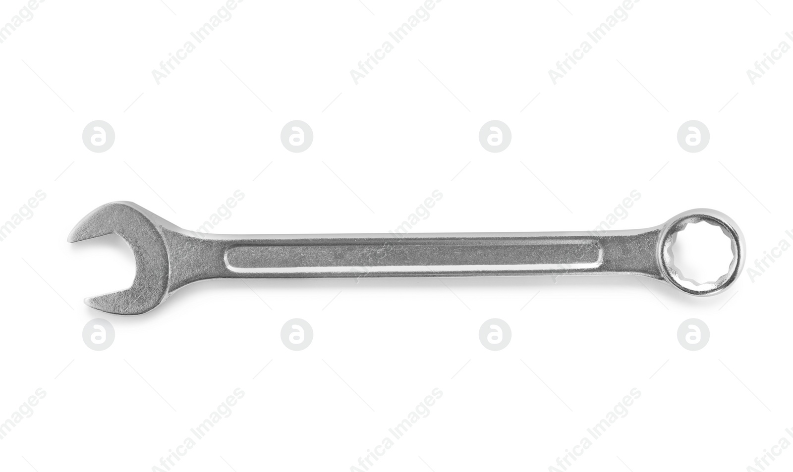 Photo of New wrench on white background, top view. Plumber tools