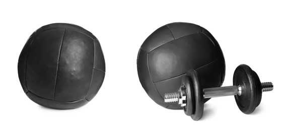 Image of Medicine balls and dumbbell on white background, collage. Banner design