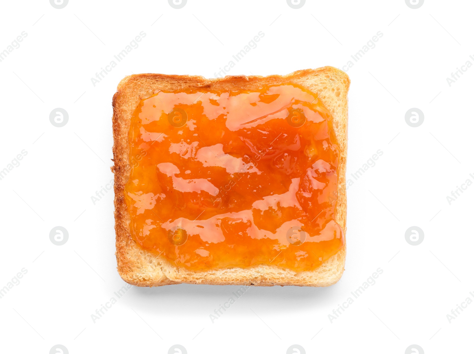 Photo of Bread with tasty apricot jam on white background, top view