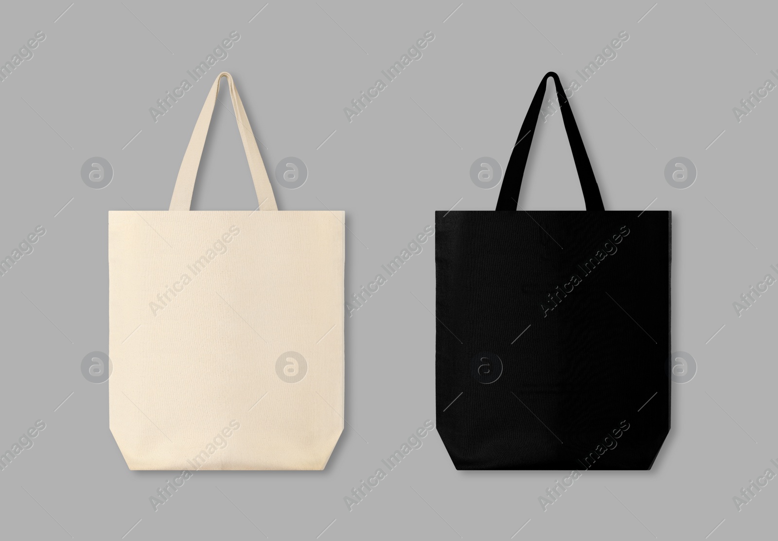 Image of Textile eco bags on light grey background, collage. Mock up for design