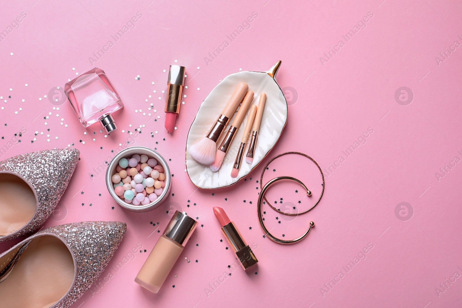 Photo of Flat lay composition with decorative cosmetics on color background