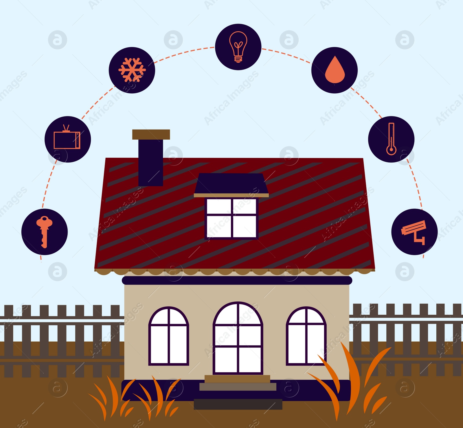 Image of Illustration of smart home technology with automatic systems and icons on color background