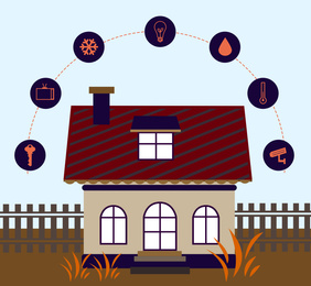 Illustration of smart home technology with automatic systems and icons on color background