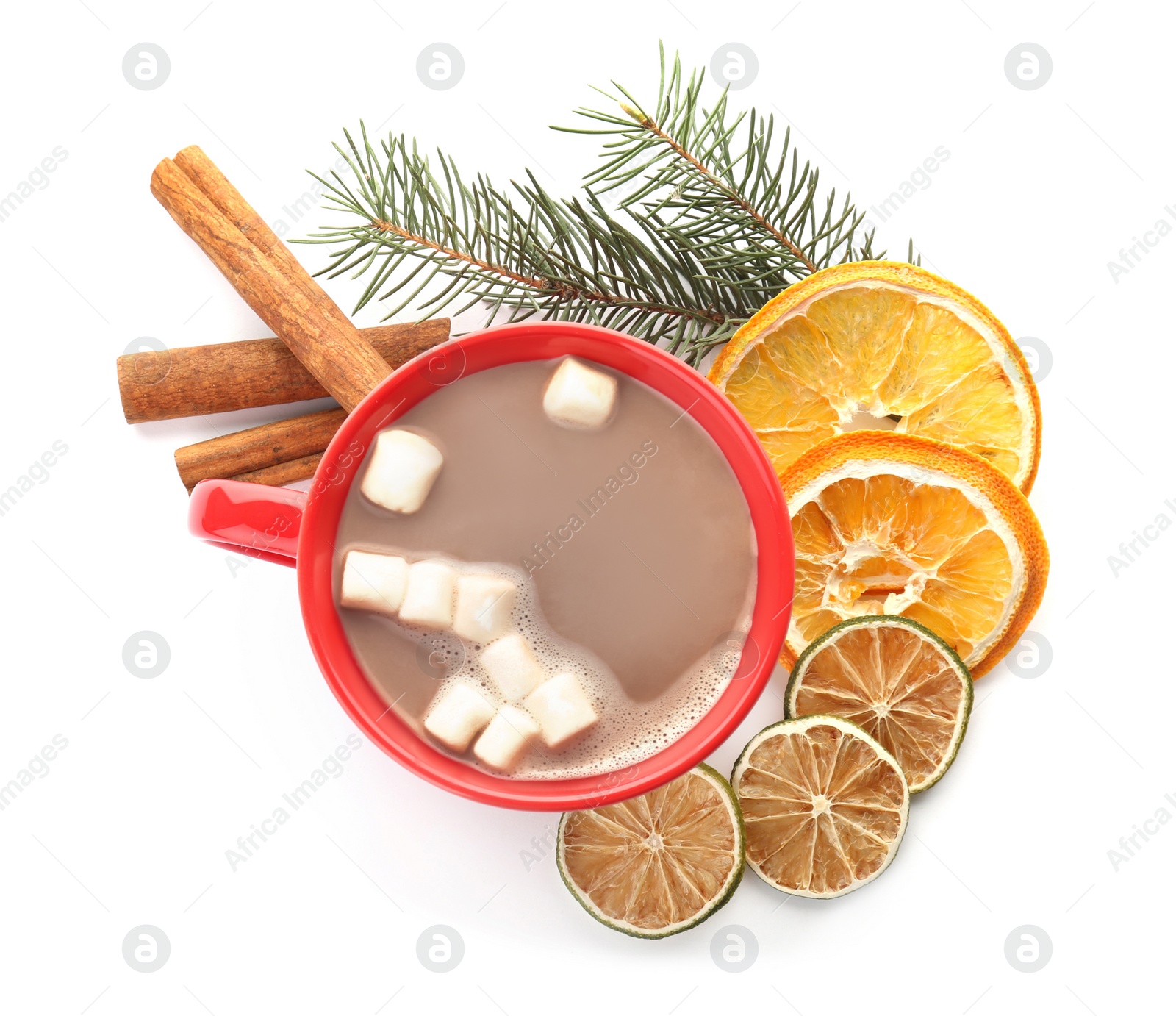 Photo of Composition with delicious hot cocoa drink on white background, top view