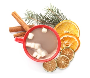 Composition with delicious hot cocoa drink on white background, top view