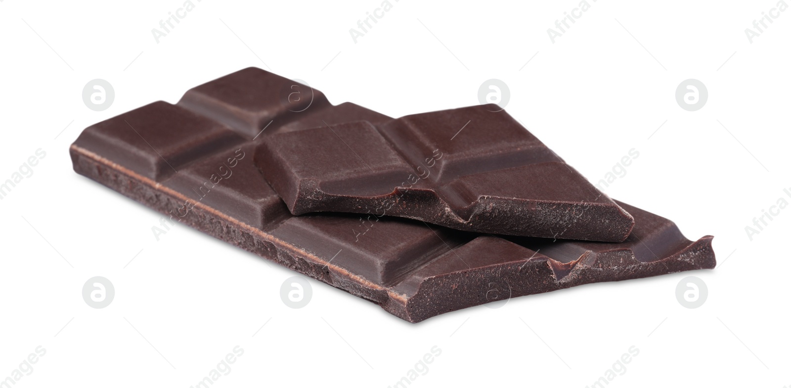 Photo of Pieces of delicious dark chocolate bar on white background