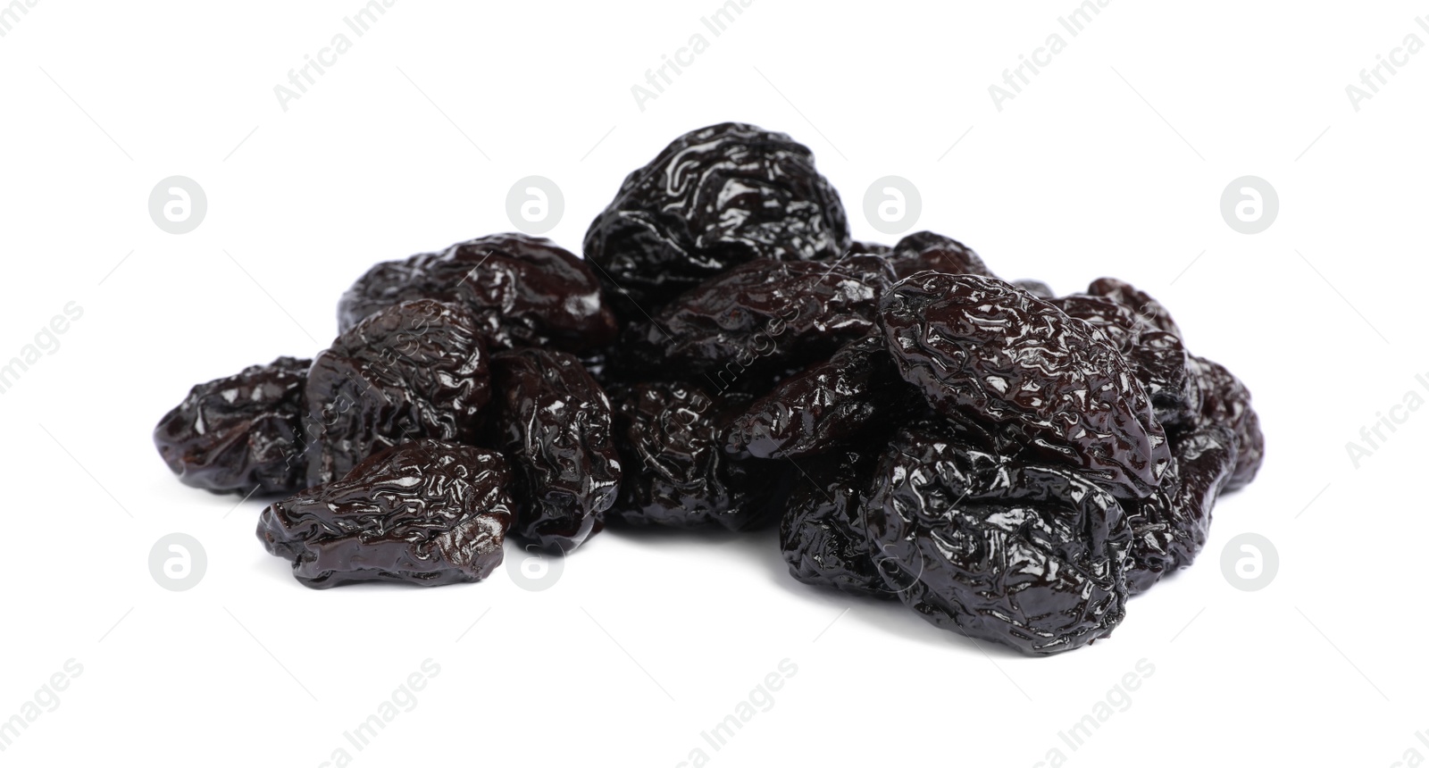 Photo of Heap of sweet dried prunes on white background